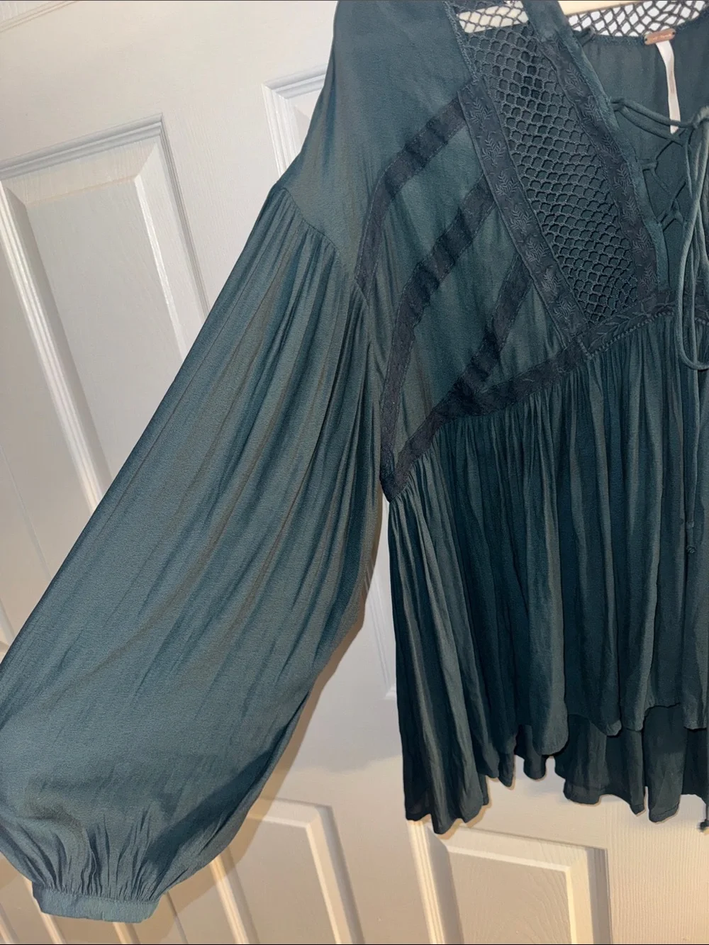 Free People Teal Lace-Detail Boho Peasant Top